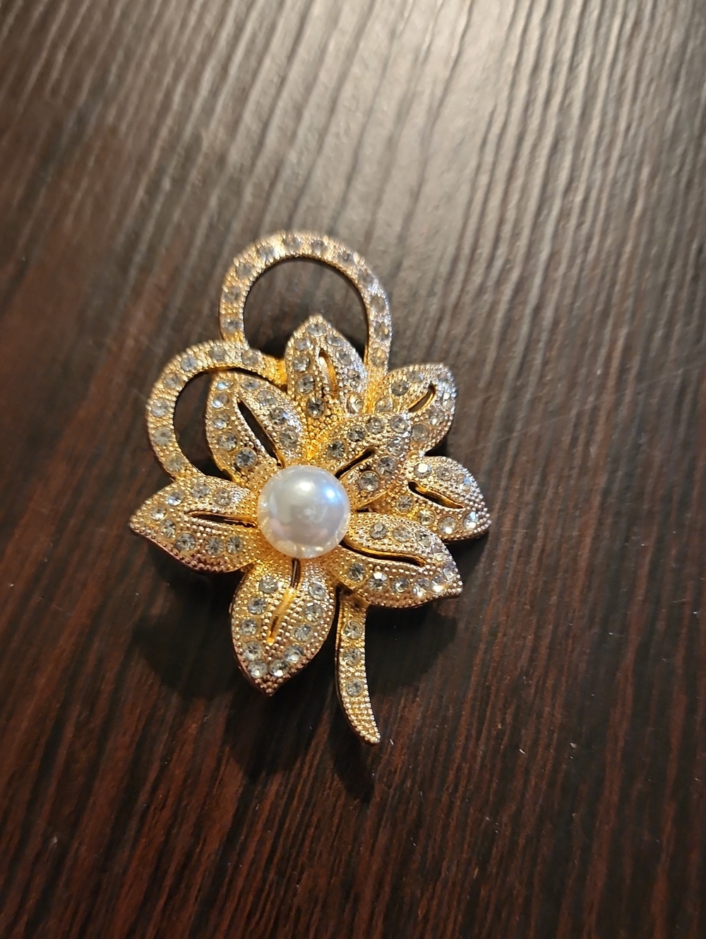 Gold Floral Pearl Statement Brooch - Sparkling Crystal Accent